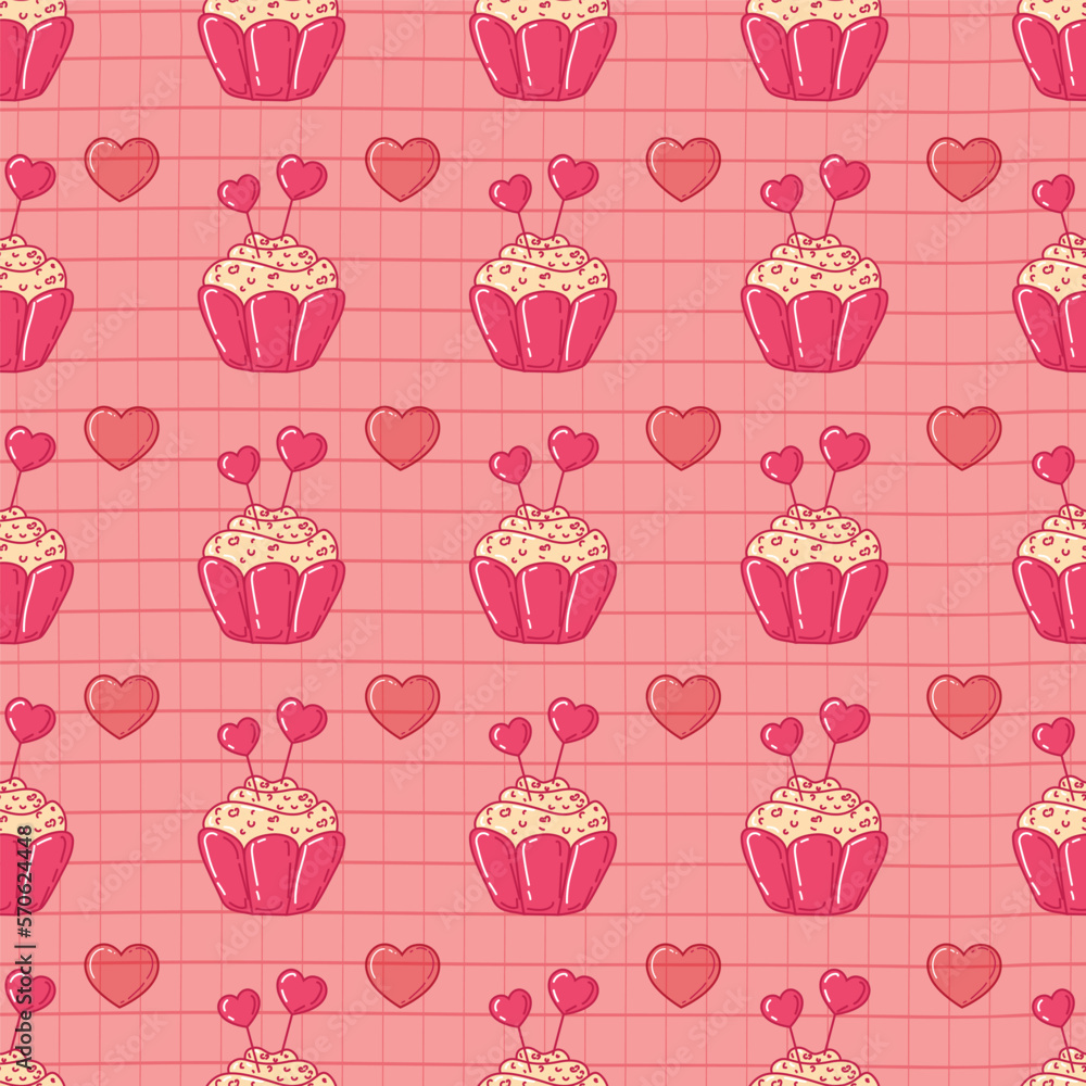 Vector romantic love pink background with cake and hearts. Happy Valentine's Day. Design for kitchen, cozy cafe. Pink pastel design with hearts, template for website, fabric print, card, gift wrap. Vector romantic love pink background with cake and hearts. Happy Valentine's Day. Design for kitchen, cozy cafe. Pink pastel design with hearts, template for website, fabric print, card, gift wrap.