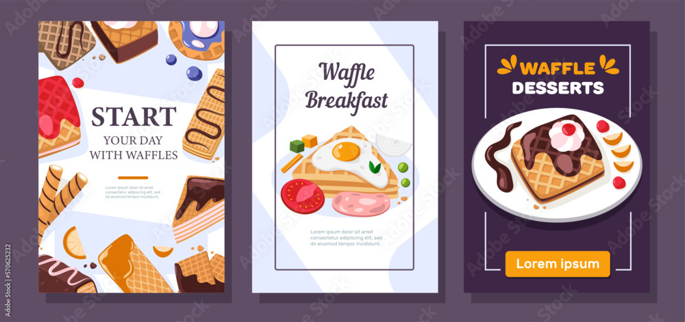 Waffle breakfast flyer. Cafe bakery advertising with delicious belgian wafer snack cartoon style, promo pastry posters for morning menu design. Vector set