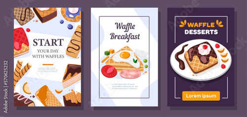 Waffle breakfast flyer. Cafe bakery advertising with delicious belgian wafer snack cartoon style, promo pastry posters for morning menu design. Vector set