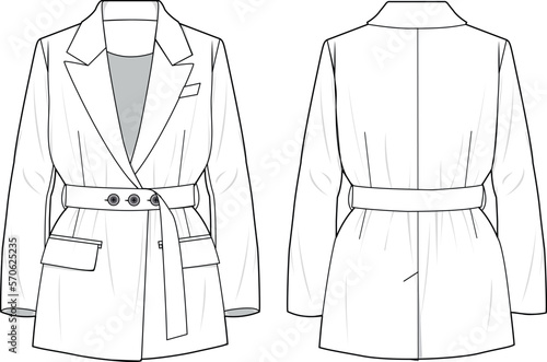 Women's Belted Blazer Jacket- Technical fashion illustration. Front and back, white color. Women's CAD mock-up.