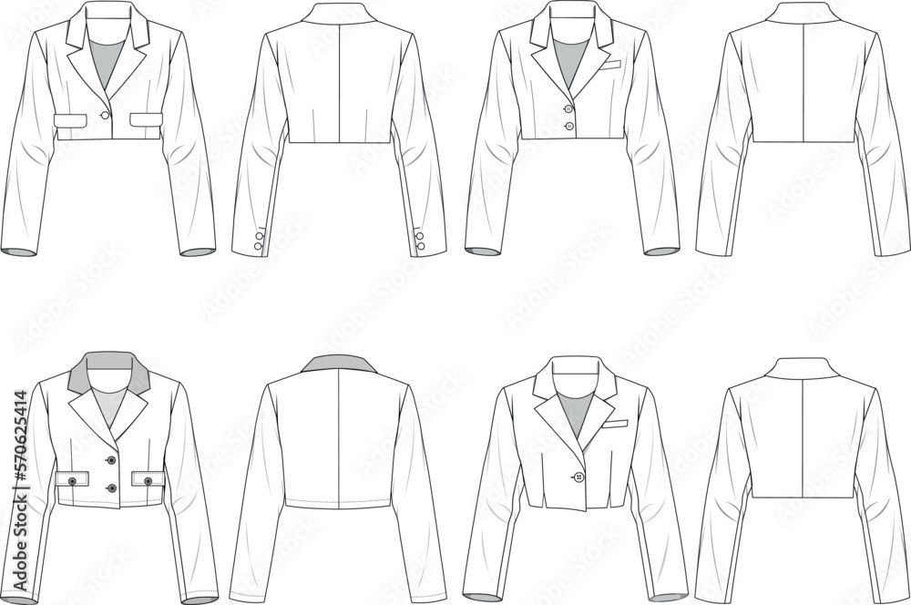 Women's Cropped Blazer Jacket Set. Technical fashion illustration. Front and back, white color. Women's CAD mock-up. Women's Cropped Blazer Jacket Set. Technical fashion illustration. Front and back, white color. Women's CAD mock-up.