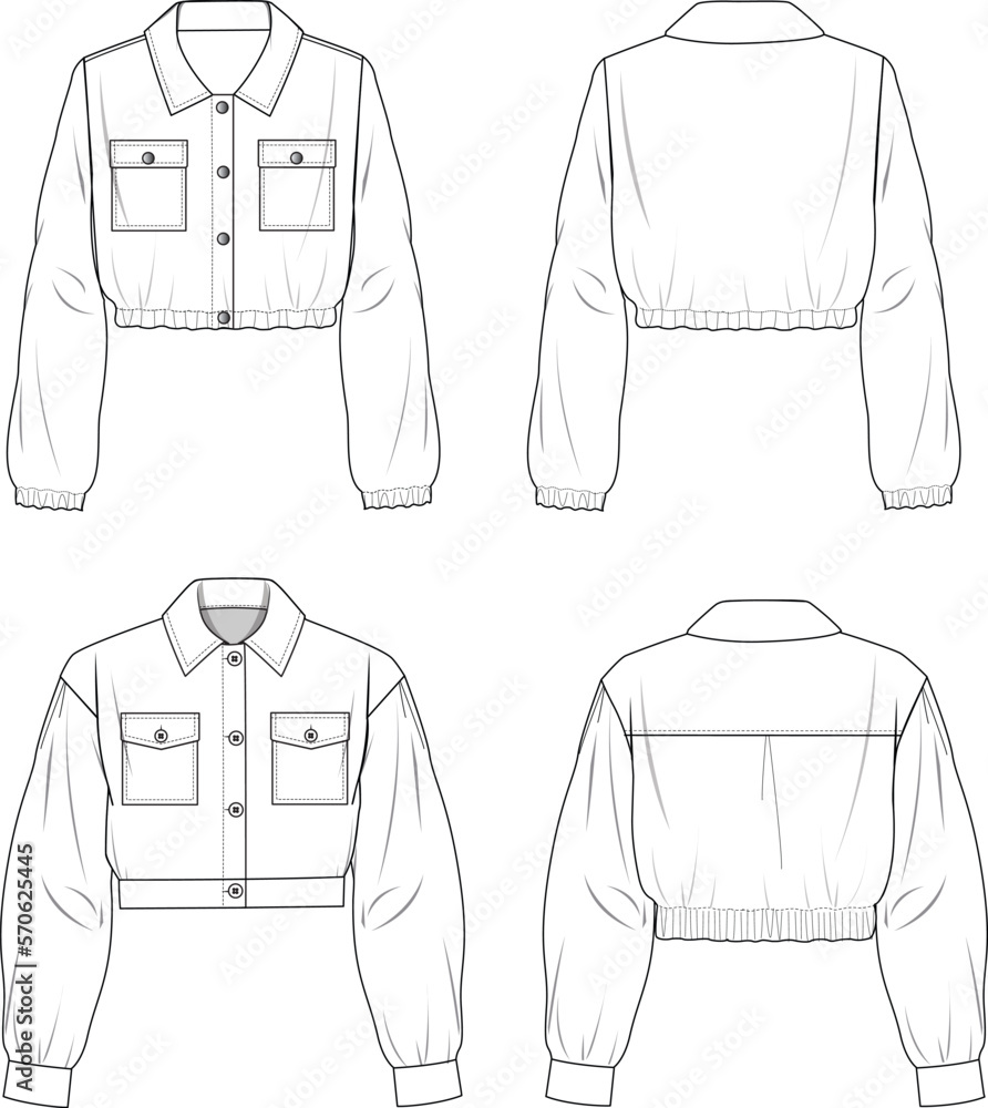 Women's Crop Bomber Jacket Set. Technical fashion illustration. Front