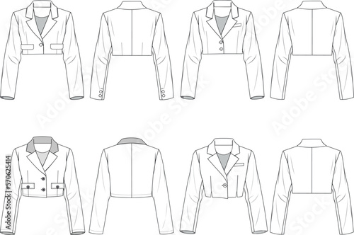 Women's Cropped Blazer Jacket Set. Technical fashion illustration. Front and back, white color. Women's CAD mock-up.