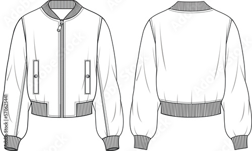 Women's Bomber Jacket. Technical fashion illustration. Front and back, white color. Unisex CAD mock-up.