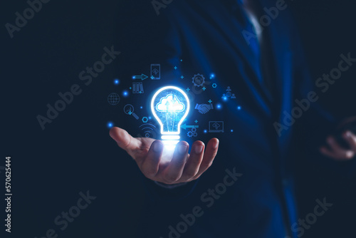 Businessman using cloud technology connect business data. Cloud computing concept idea show on hand. Internet Cloud technology. Digital Data storage. Network and internet service for business concept.