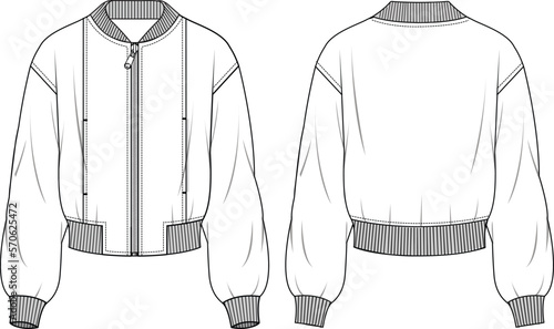 Women's Bomber Jacket. Technical fashion illustration. Front and back, white color. Unisex CAD mock-up.