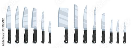 Kitchen knives. Cartoon sharp blade knife, variety of tableware cooking tools of stainless steel, chef equipment flat style. Vector isolated set