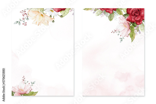 Set of card templates with watercolor colorful roses on pink stains