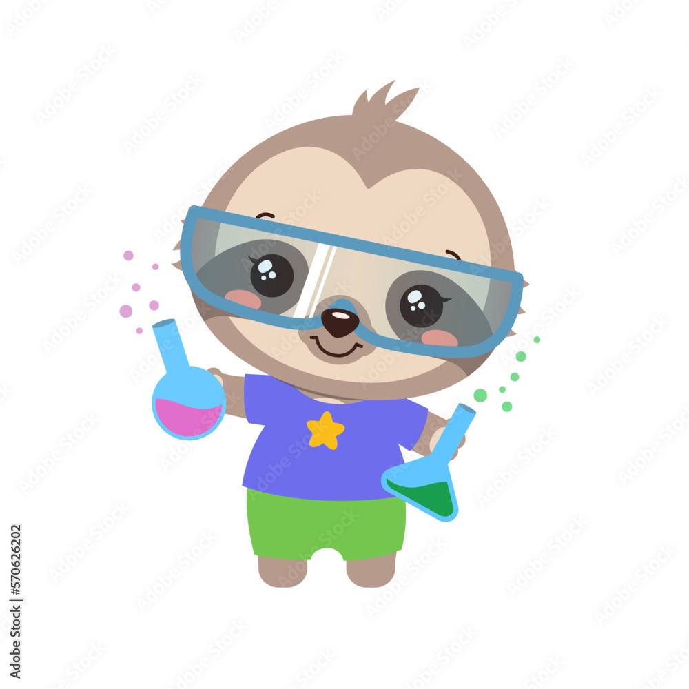 School student animal. Little sloth holding test bottles. Science school subject vector. Elementary education cartoon sloth kid. Educational clipart. Making chemical experiment.