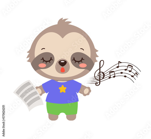 Singing animal cute sloth cartoon character. Kawaii sloth animal student. Musical class logo or mascot. Music notes song learning. Music lesson elementary school subject.