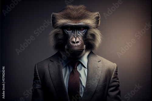 Portrait of a baboon dressed in a formal business. High quality photo. Ai generated illustration.