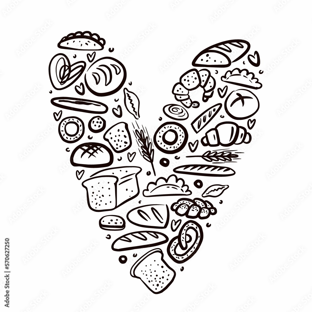 A collection of heart-shaped bread pastries hand-drawn in the style of a doodle
