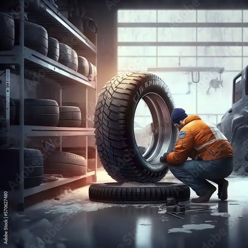 tire at repairing service garage background. Technician man replacing winter and summer tyre for safety road trip.