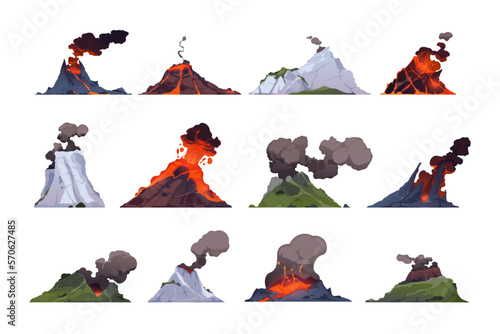 Volcano collection. Rock exploding with magma, smoke and ashes, volcanic mountains crater explosion with lava and dust, geothermal eruption. Vector set