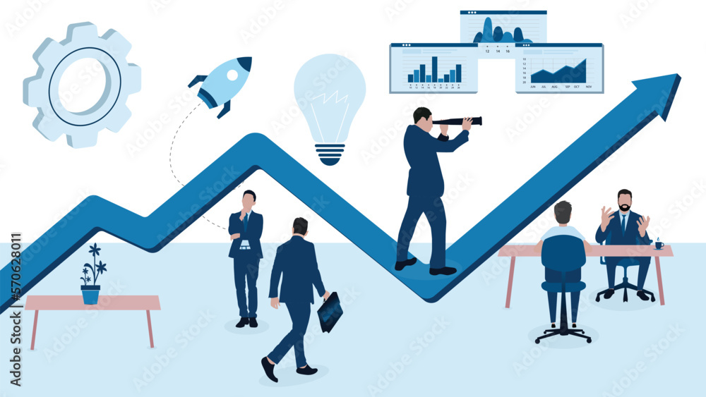 Obraz premium Vector flat illustration, data analysis team, information management, teamwork marketing, conceptual of statistical research. modern banner design for website and application development