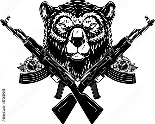 Angry bear head with crossed assault rifles. Design element for poster, emblem, sign. Vector illustration