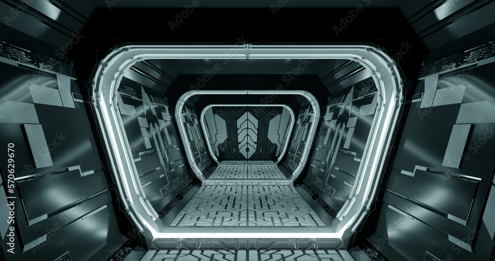 3d rendering. Spaceship or laboratory corridor in bright light. High tech. Futuristic design.