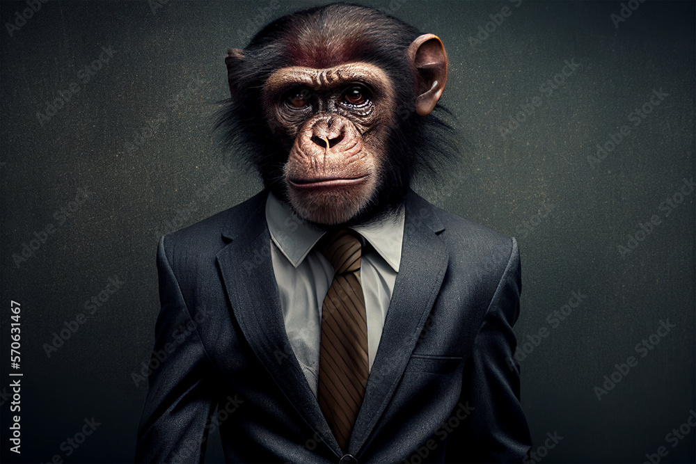 portrait a monkey in a suit,illustration of a monkey's head in a business tuxedo, a monkey manages the business, ai generated portrait a monkey in a suit,illustration of a monkey's head in a business tuxedo, a monkey manages the business, ai generated