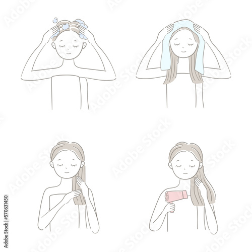 Flat illustration of a woman shampoo her hair.