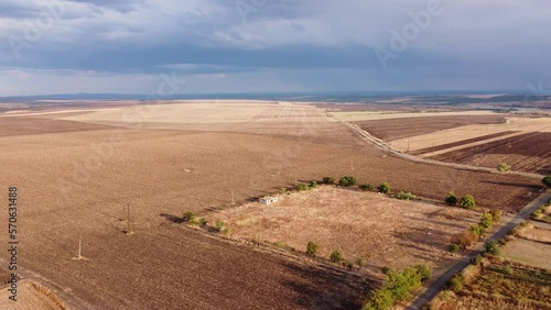 Beautiful aerial panoramic view of autumn countryside landscape. Agricultural fields near Karnobat, Bulgaria