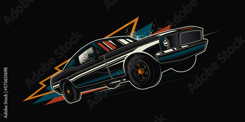 Original vector retro print car on abstract background rides on road. The American muscle car. T-shirt design