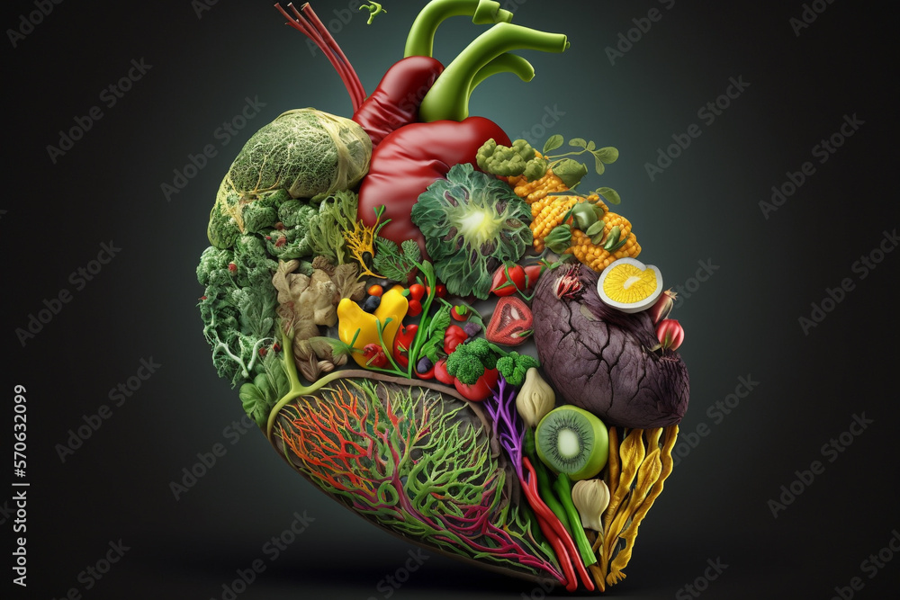 Hearth shape with a variety of vegetables. Vegan concept. Generative AI. 