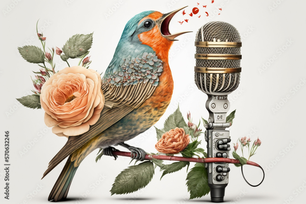 Generative AI of a bird singing into a retro microphone. Music festival ...