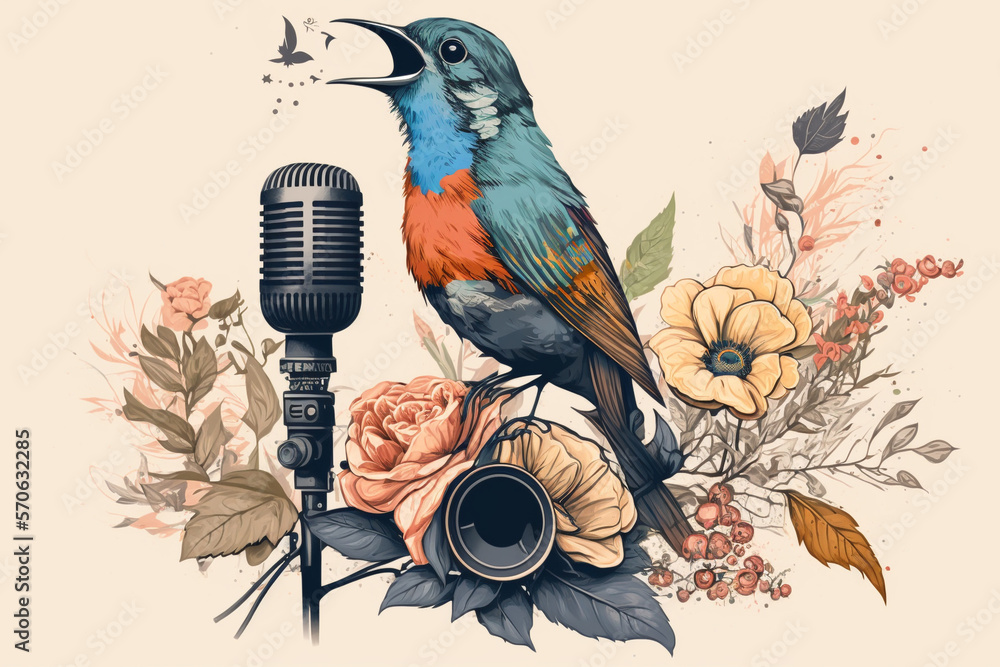 Generative AI of a bird singing into a retro microphone. Music festival or contest concept. Generative AI of a bird singing into a retro microphone. Music festival or contest concept.