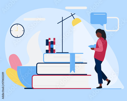 Character with  self-learning. Education and personal growth concept. Self development, distance learning. Mental hygiene. Girl with book. Library. World Book Day.