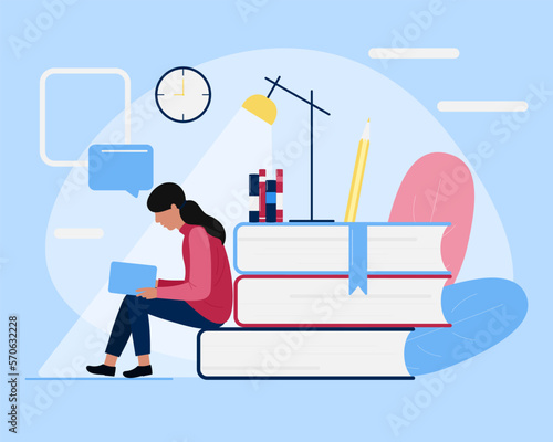 Self development illustration. Education and personal growth concept. Self-learning, distance learning. Library. World Book day. Girl reading a book. Modern flat cartoon style.