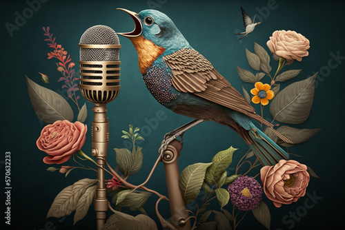 Generative AI of a bird singing into a retro microphone. Music festival or contest concept.  © belyaaa