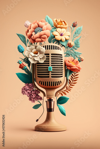 Retro microphone with flowers. Music festival concept. 