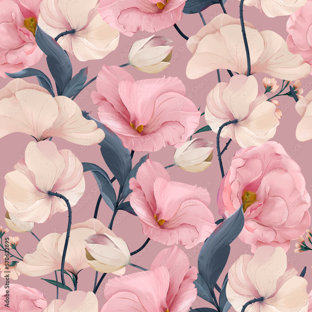 Eustoma Floral Watercolor Seamless Pattern. Good for print, Wallpaper, fashion and more. 