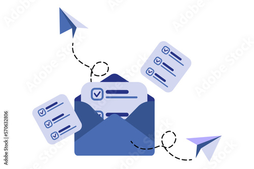Envelope with flying paper planes. Email marketing and message concept. Sheet in an envelope with checkmarks. Modern vector illustration in light blue style.