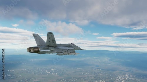 F-18 fighter jet flying above the clouds, armed with missiles. Computer animation photo