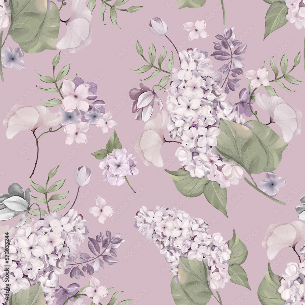 Fototapeta premium Lilac Floral Watercolor Seamless Pattern. Hand painted Design For print, fabric, fashion, Wallpaper and more. 