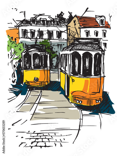 Old Tram Lisbon Portugal. Travel Sketch. Lisbon cityscape. Portugal Architecture. Streets of the old city