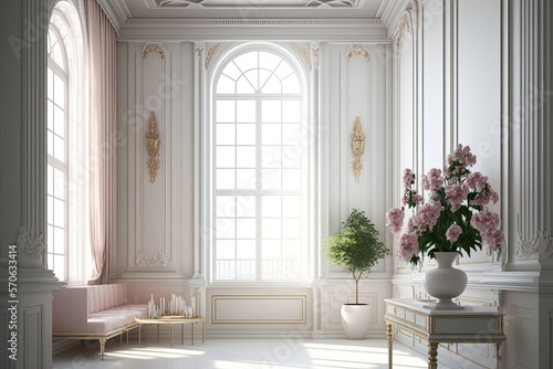 white room with pink flowers  Generative AI