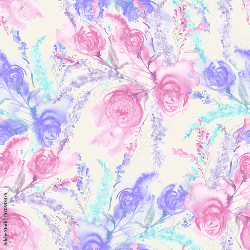 Watercolor seamless vintage background with a floral pattern  a branch of peony  rose flower  leaves  lavender  wild flower. Fashionable and stylish drawing. Beautiful floral print for fabric