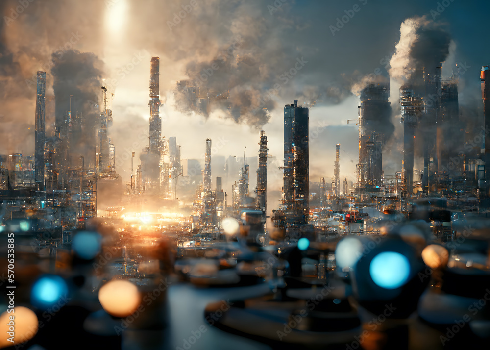 Dystopian Future: Polluted City Landscape, AI Generative