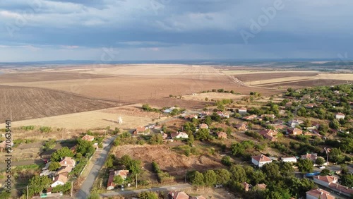 Beautiful aerial panoramic view of autumn countryside landscape. Agricultural fields near Karnobat, Bulgaria
