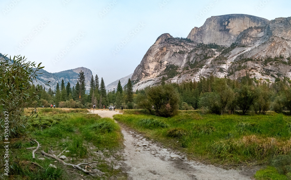 Panoramic view of Mirror Lake in times of complete drought and during a day with smoke from forest fires, in Yosemite NP