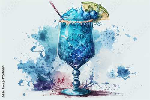 Watercolor blue lagoon cocktail with lime and blueberries on a background of watercolor stains.AI generated. photo