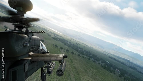 AH-64D Apache Longbow military attack helicopter flying at low altitude armed with rockets and missiles.