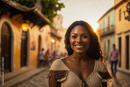 A fictional person, female traveler, 20 years old,  smiling, woman, dark skinned, portrait in touristic city, tourist, generative art, generative ai photo