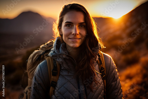A fictional person, woman, 20 yeas old, female traveler, hispanic, european, smiling portrait in touristic city, tourist, generative art, generative ai photo