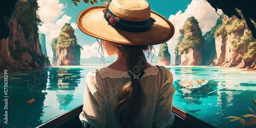 A young woman stands on a beach, wearing a straw hat , taking in the beauty of nature around her. She is ready to take a plunge into the crystal clear waters, ready to make memories generative ai © Monopoly919