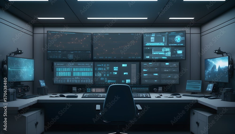 Desktop Computer in Modern Technological Monitoring Control Room with Digital Screens. Desktop Computer in Modern Technological Monitoring Control Room with Digital Screens.
