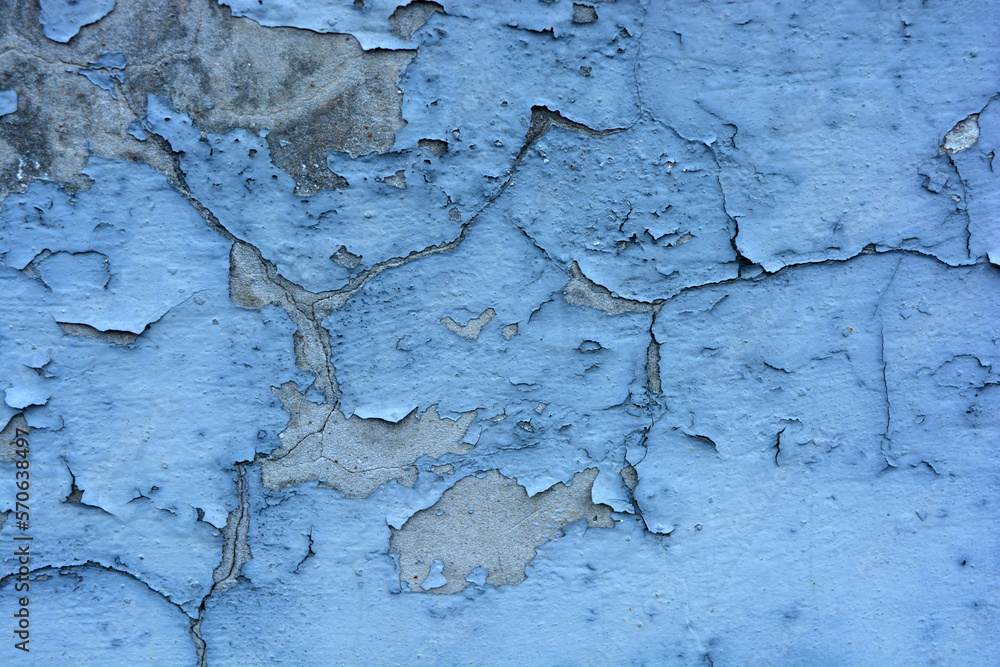 The gray flat concrete wall painted long ago with blue, light blue paint has already cracked, deep cracks on the wall are visible and it has peeled off in a long time.