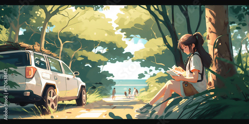 A female traveler is sitting atop a hatchback car, looking out at the breathtaking mountain With the sun setting in the background, she takes in her surroundings and enjoys her journey. generative ai